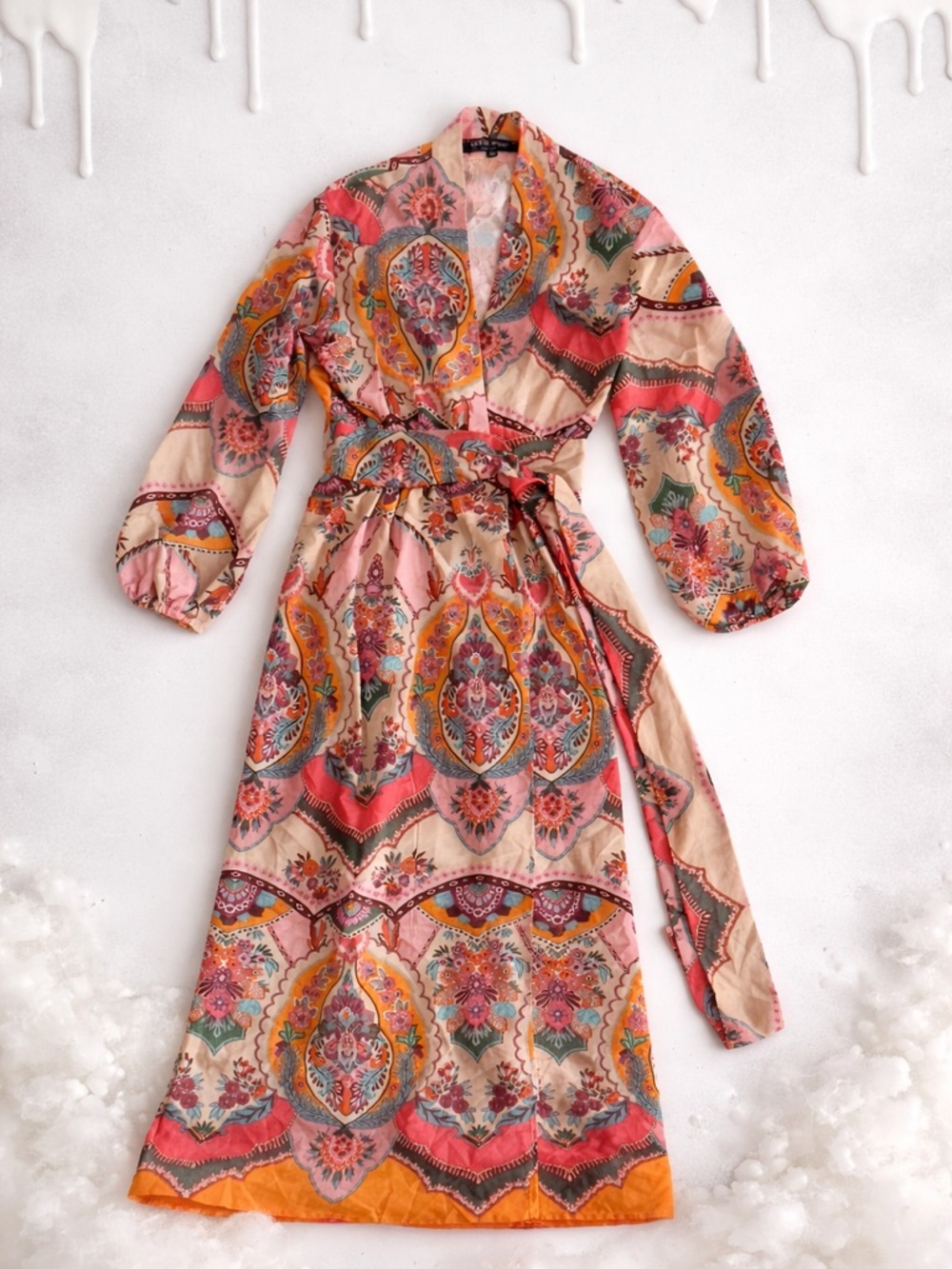 Boho Wrap Dress with Pockets Floral Pink Orange Print Flowy Maxi Resort Style UK